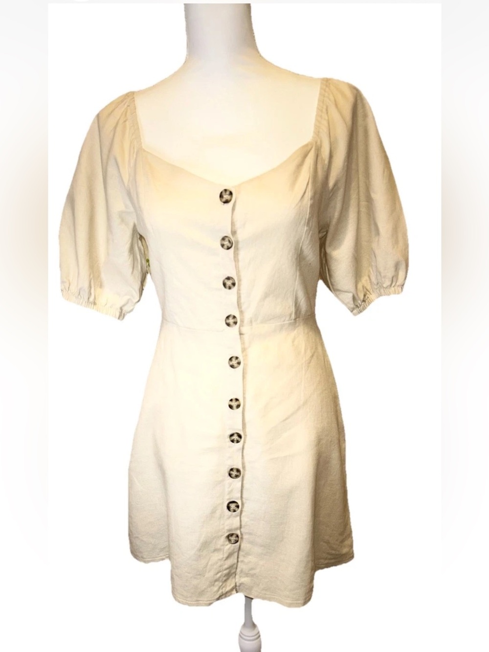 LUSH Linen Blend Puff Sleeve Button Down Cottagecore Mini Dress S milkmaid boho